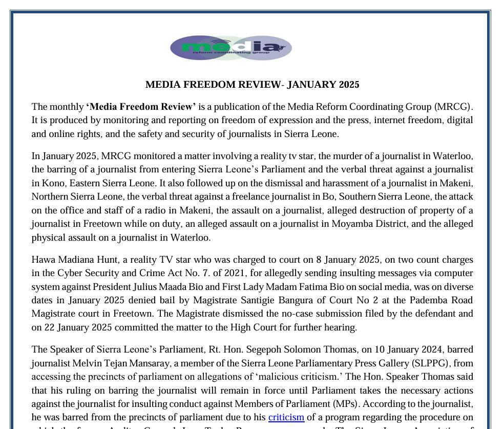 MEDIA FREEDOM REVIEW – JANUARY 2025