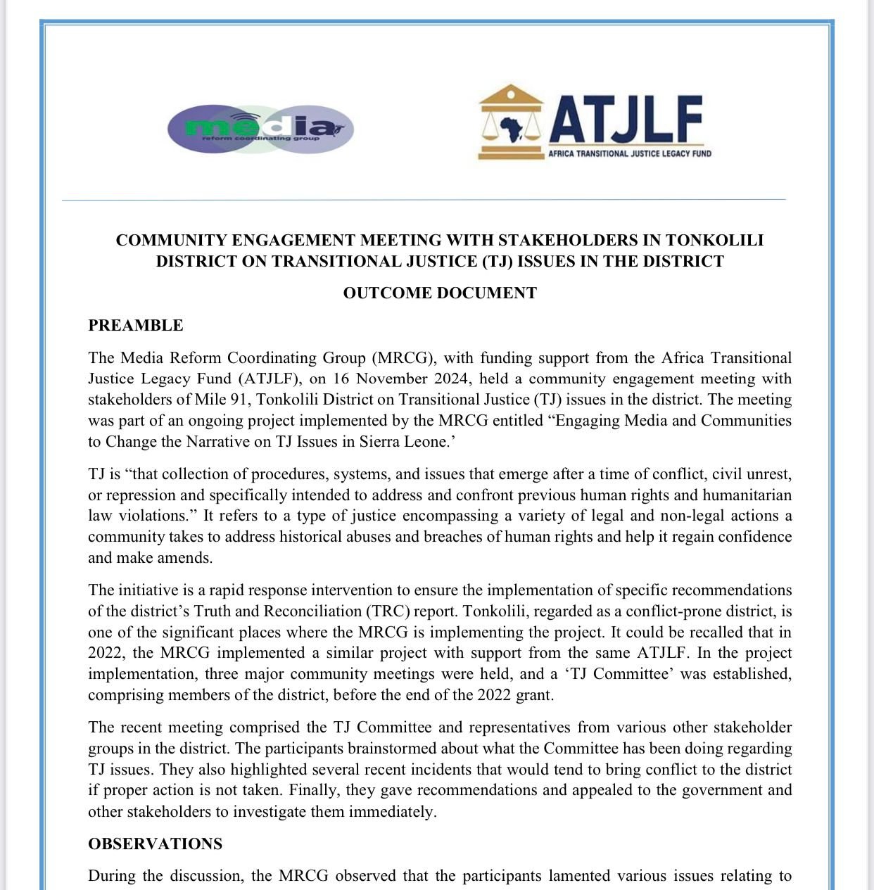 MILE 91 COMMUNITY ENGAGEMENT OUTCOME DOCUMENT