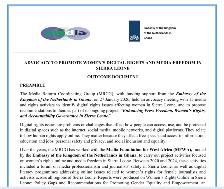 ADVOCACY TO PROMOTE WOMEN’S DIGITAL RIGHTS AND MEDIA FREEDOM IN SIERRA LEONE: OUTCOME DOCUMENT